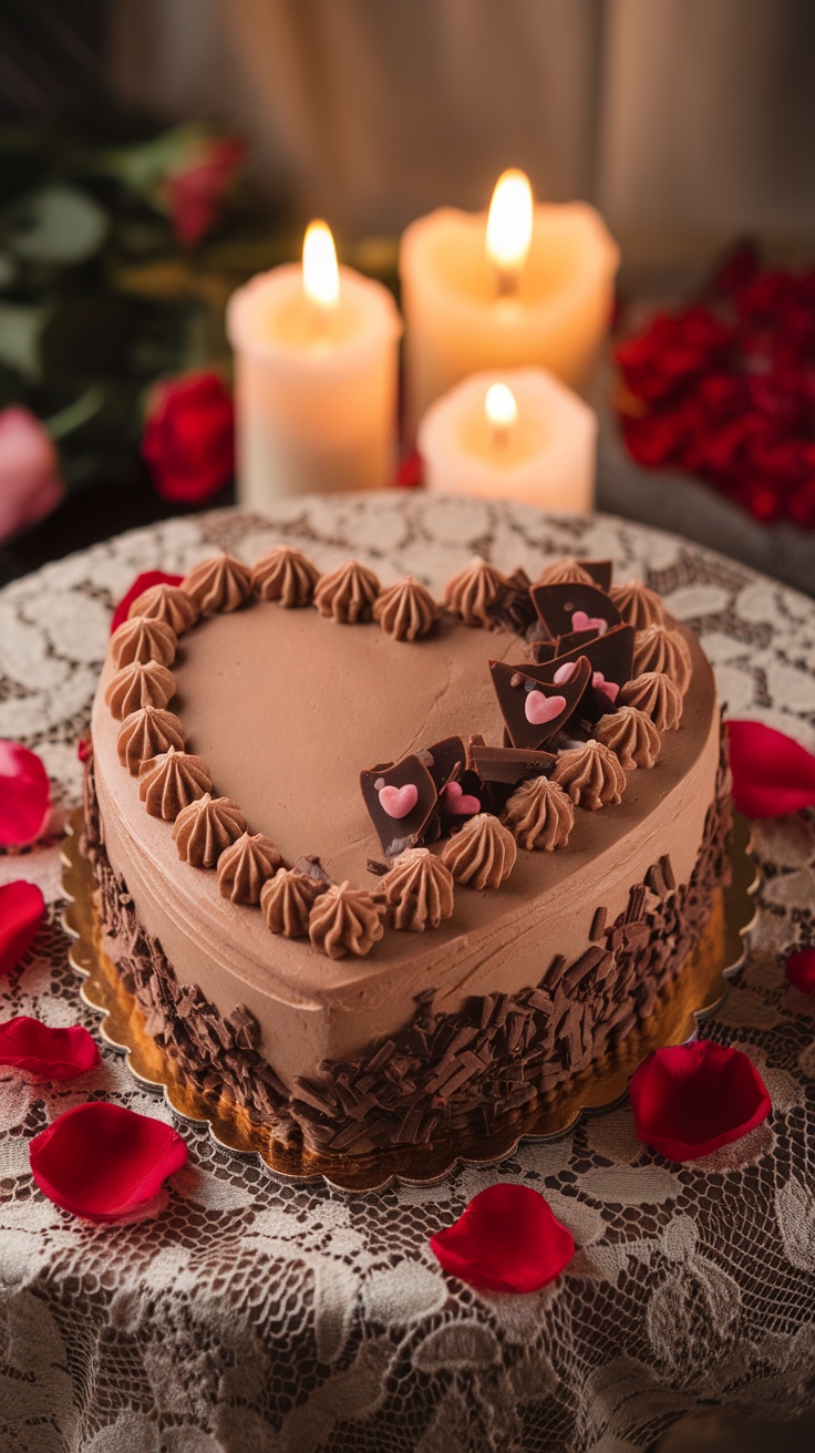 A heart shaped chocolate cake with buttercream frosting, presented with romantic decorations for Valentine